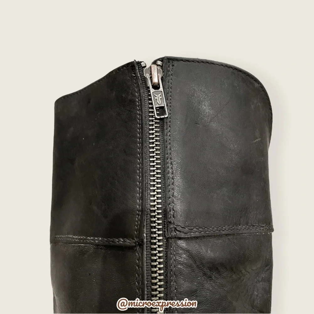 $389 Frye Jamie Ring Tall Distressed Stone Black Leather Knee High Zip Up Boot